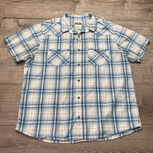 Ariat Shirt Retro Fit Mens XL Blue Tan Plaid Short Sleeve Western Snap Button